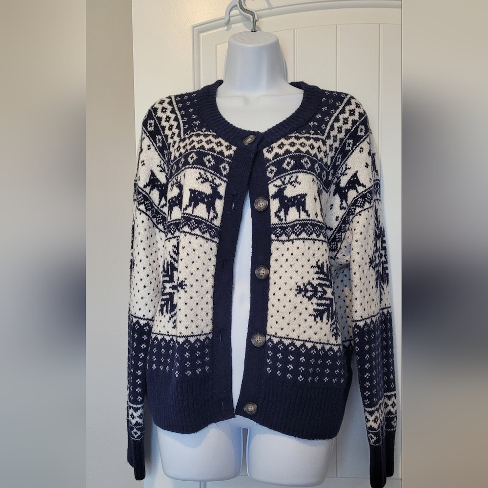 OLD NAVY Navy and White Reindeer Cardigan